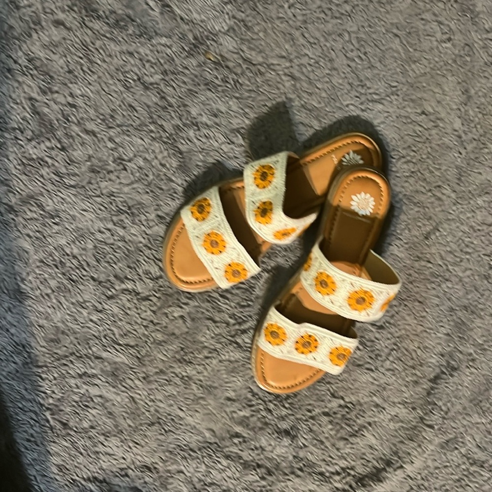 Size 9 yellow box sandals brown , yellow sunflowers on white embroidered straps